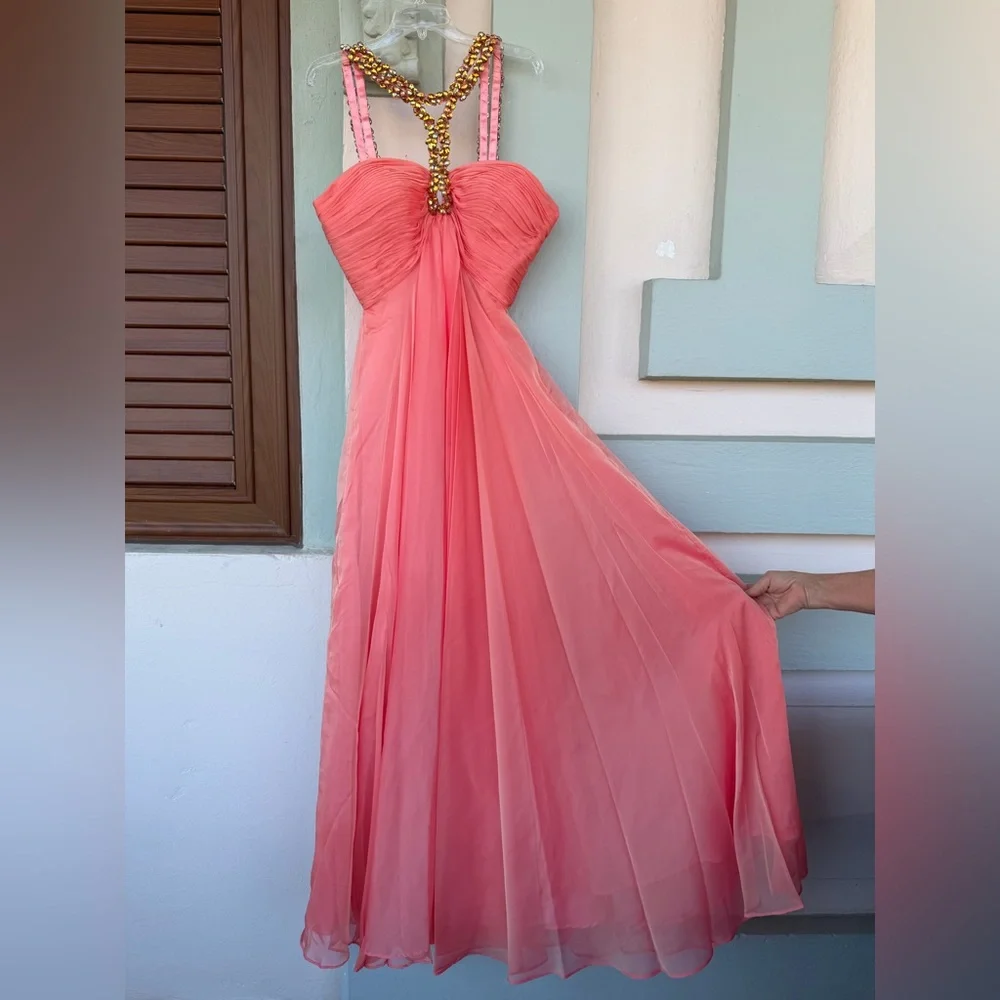 Vintage Salmon Pink Prom Coral Chiffon Dress Beaded Statement Sweetheart 2014 - Picture 5 of 8